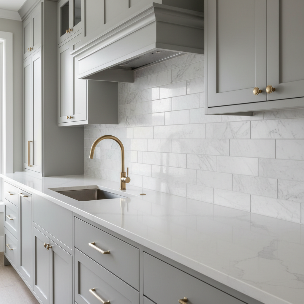 Luxury white marble subway tile backsplash with gold hardware