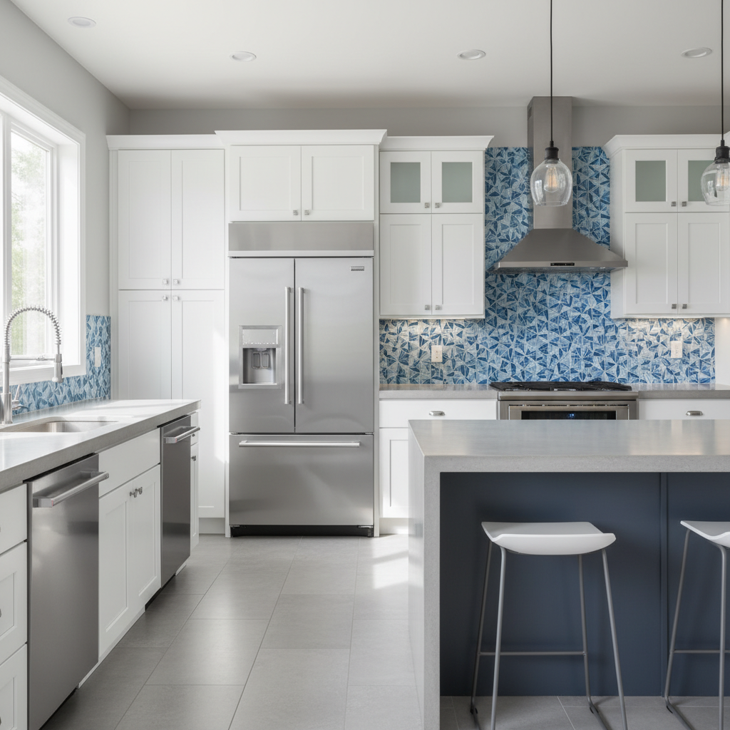 Colorful blue and white glass mosaic tile backsplash - modern geometric pattern