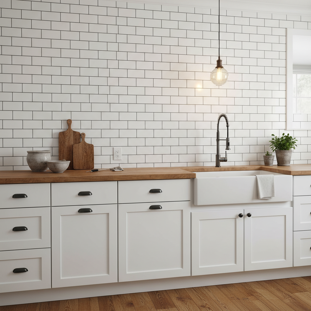 Farmhouse-style white beveled subway tile backsplash with dark grout