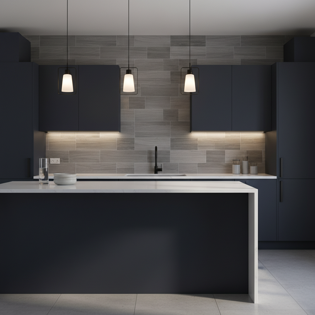Contemporary large-format gray porcelain tile backsplash - minimalist design