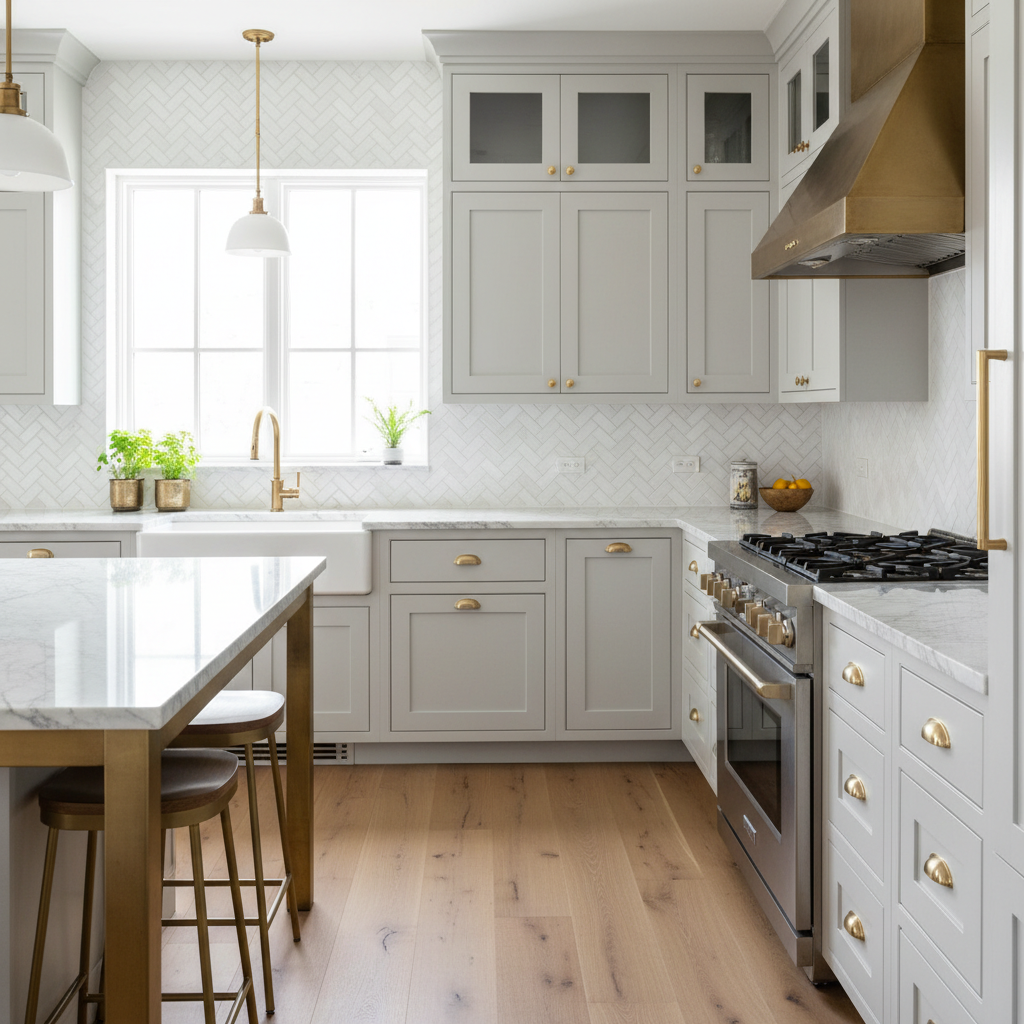 White herringbone pattern tile backsplash with marble countertops