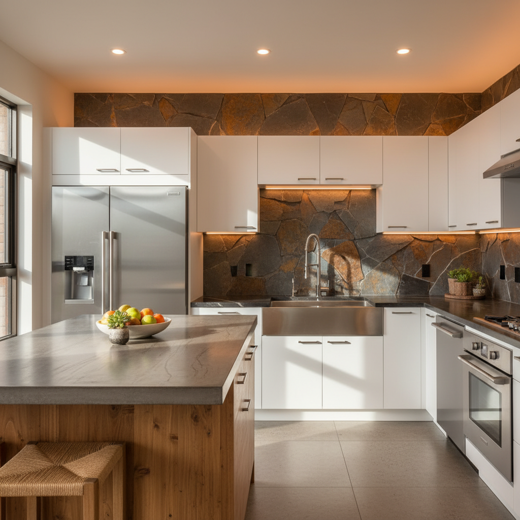 Natural stone slate backsplash in earthy tones - organic aesthetic