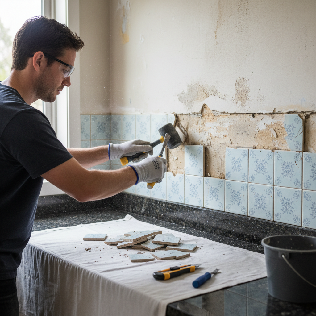 Backsplash removal in progress - professional tile removal process