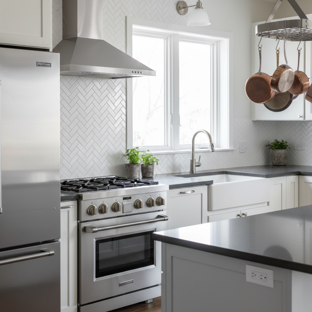 Beautiful new herringbone backsplash after removal and installation